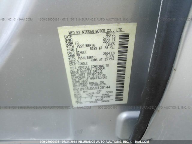 5N1BV28U55N129144 - 2005 NISSAN QUEST S/SE/SL SILVER photo 9