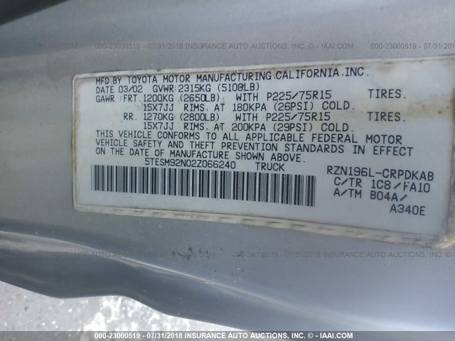 5TESM92N02Z066240 - 2002 TOYOTA TACOMA XTRACAB PRERUNNER ოქროსფერი ფოტო 9