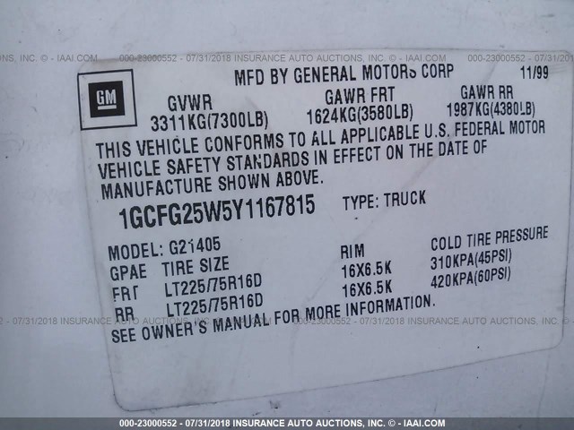 1GCFG25W5Y1167815 - 2000 CHEVROLET EXPRESS G2500  WHITE photo 9