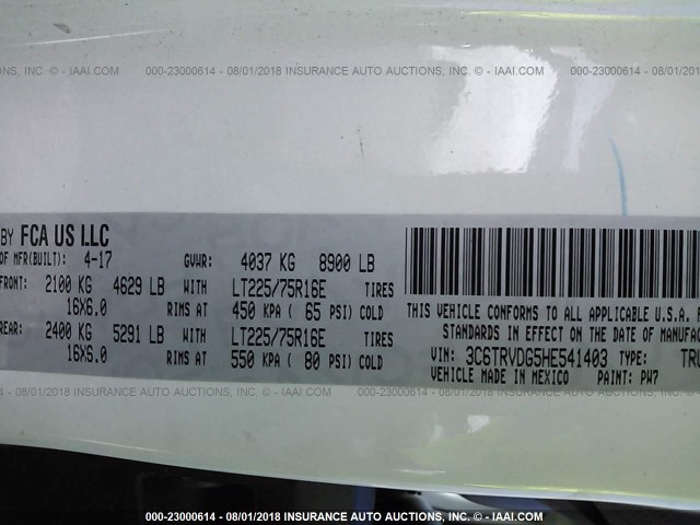 3C6TRVDG5HE541403 - 2017 RAM PROMASTER 2500 2500 HIGH WHITE photo 9