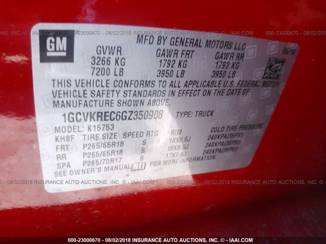 1GCVKREC6GZ350908 - 2016 CHEVROLET SILVERADO K1500 LT RED photo 9