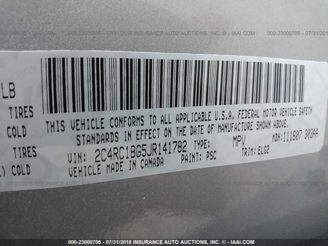 2C4RC1BG5JR141782 - 2018 CHRYSLER PACIFICA TOURING L ნაცრისფერი ფოტო 9