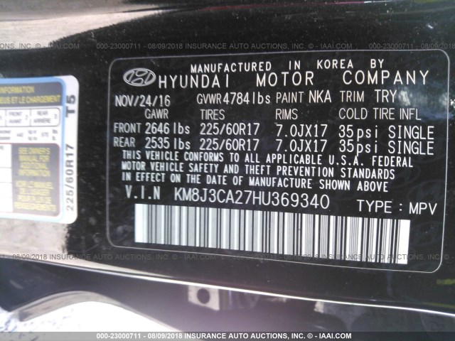 KM8J3CA27HU369340 - 2017 HYUNDAI TUCSON LIMITED/SPORT AND ECO/SE BLACK photo 9