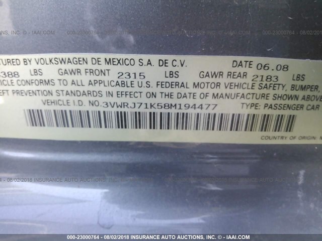 3VWRJ71K58M194477 - 2008 VOLKSWAGEN JETTA WOLFSBURG 灰色 照片 9