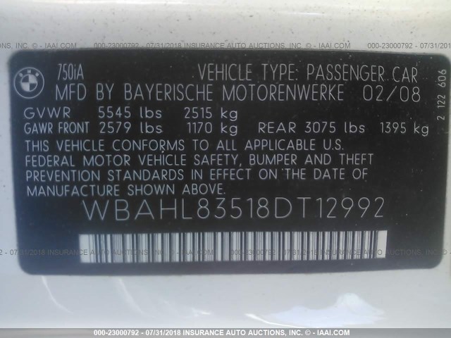 WBAHL83518DT12992 - 2008 BMW 750 I WHITE photo 9