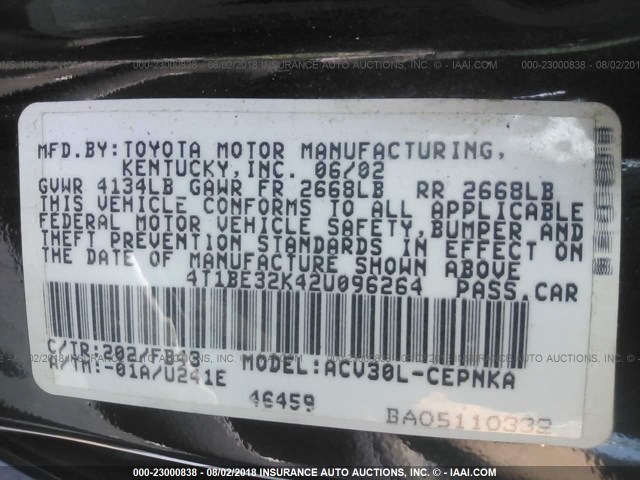 4T1BE32K42U096264 - 2002 TOYOTA CAMRY LE/XLE/SE 黑色 照片 9