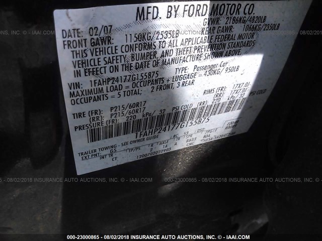 1FAHP24177G155875 - 2007 FORD FIVE HUNDRED SEL GRAY photo 9