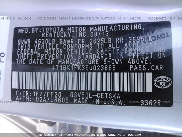 4T1BK1FK3EU023866 - 2014 TOYOTA CAMRY SE/XLE SILVER photo 9