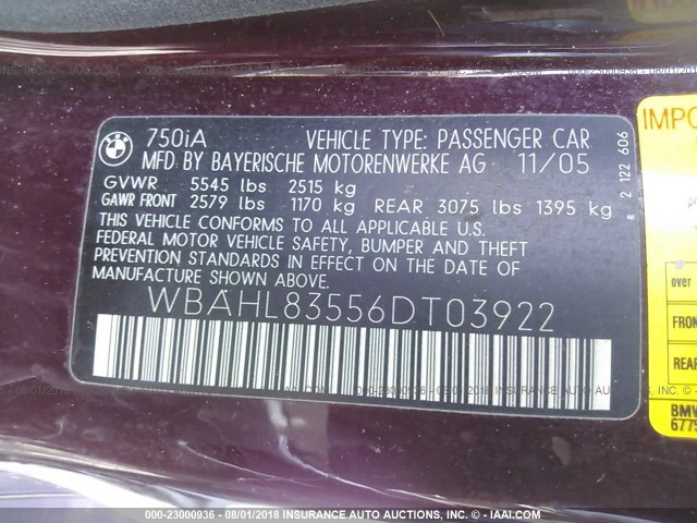 WBAHL83556DT03922 - 2006 BMW 750 I MAROON photo 9
