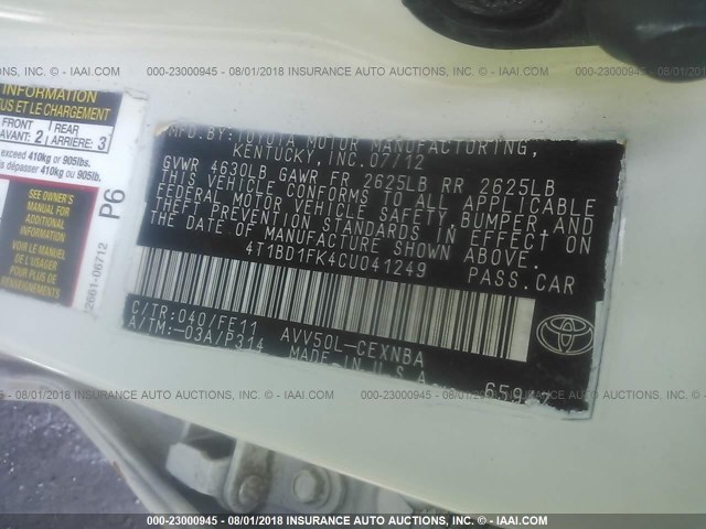 4T1BD1FK4CU041249 - 2012 TOYOTA CAMRY HYBRID/LE/XLE 白色 照片 9