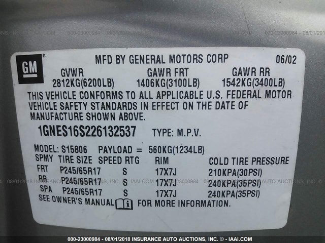 1GNES16S226132537 - 2002 CHEVROLET TRAILBLAZER EXT SILVER photo 9