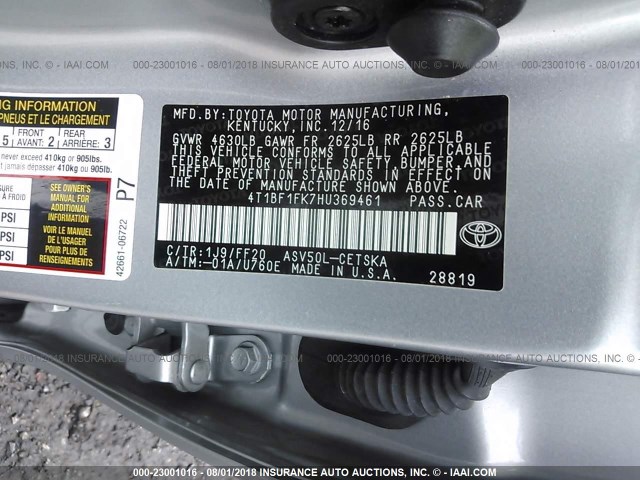 4T1BF1FK7HU369461 - 2017 TOYOTA CAMRY LE/XLE/SE/XSE SILVER photo 9