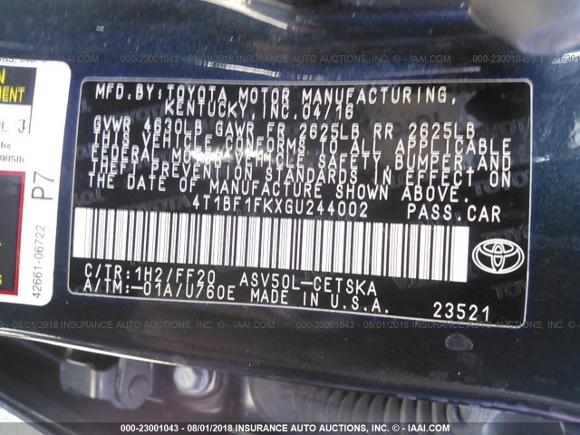 4T1BF1FKXGU244002 - 2016 TOYOTA CAMRY LE/XLE/SE/XSE BLUE photo 9