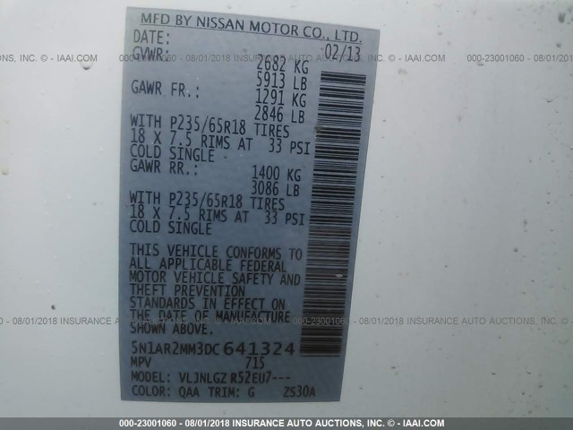 5N1AR2MM3DC641324 - 2013 NISSAN PATHFINDER S/SV/SL/PLATINUM 白色 照片 9