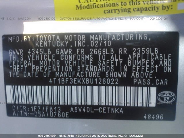 4T1BF3EKXBU126022 - 2011 TOYOTA CAMRY SE/LE/XLE ვერცხლისფერი ფოტო 9