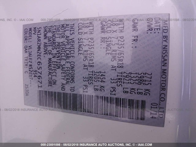 5N1AR2MN2EC657671 - 2014 NISSAN PATHFINDER S/SV/SL/PLATINUM 白色 照片 9