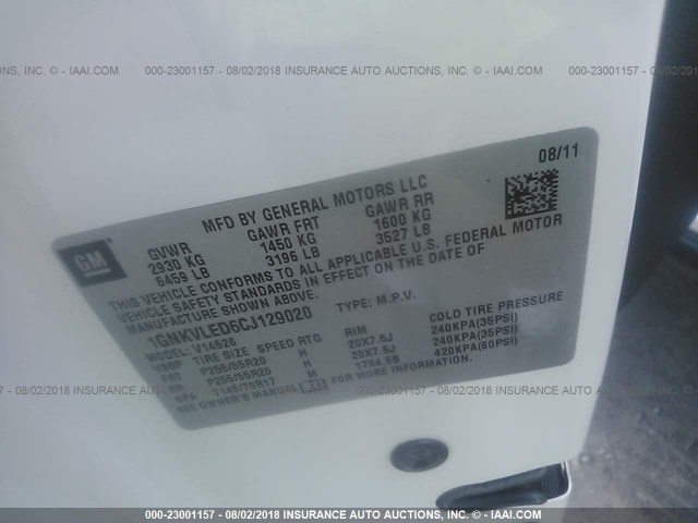 1GNKVLED6CJ129020 - 2012 CHEVROLET TRAVERSE LTZ WHITE photo 9