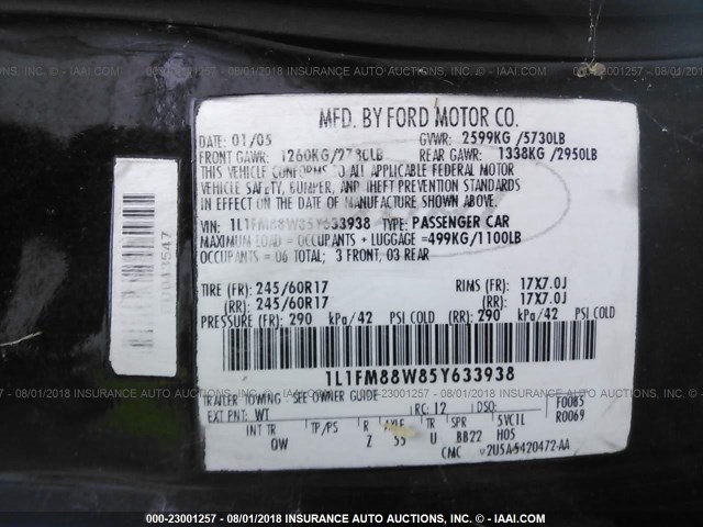 1L1FM88W85Y633938 - 2005 LINCOLN TOWN CAR EXECUTIVE BLACK photo 9