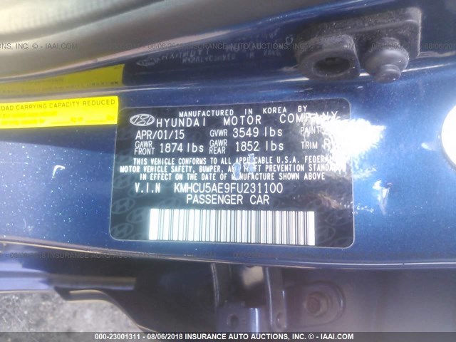 KMHCU5AE9FU231100 - 2015 HYUNDAI ACCENT GLS/SE Dark Blue photo 9