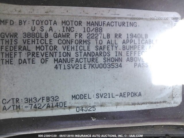 4T1SV21E7KU003534 - 1989 TOYOTA CAMRY DLX 勃艮第红 照片 9