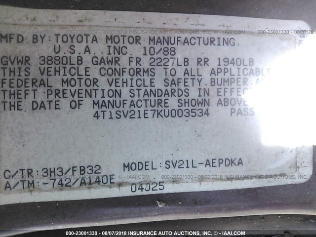 4T1SV21E7KU003534 - 1989 TOYOTA CAMRY DLX BURGUNDY photo 9