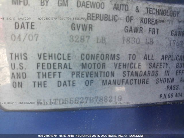 KL1TD66627B788219 - 2007 CHEVROLET AVEO LS BLUE photo 9