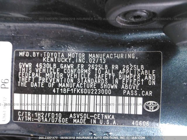 4T1BF1FK6DU223000 - 2013 TOYOTA CAMRY L/SE/LE/XLE 深蓝色 照片 9