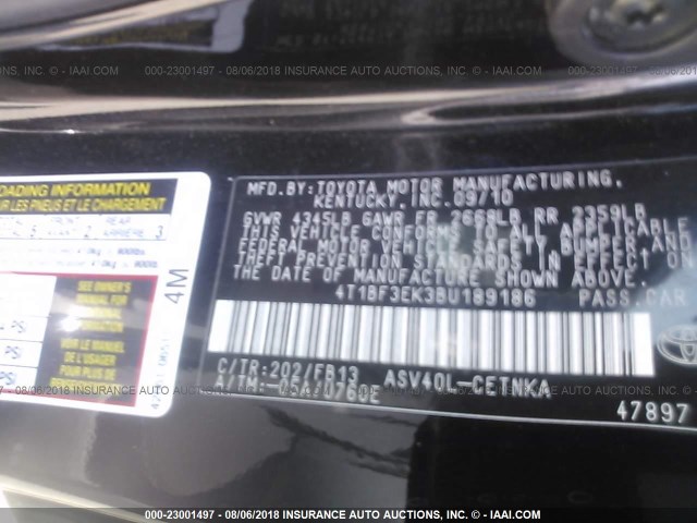 4T1BF3EK3BU189186 - 2011 TOYOTA CAMRY SE/LE/XLE BLACK photo 9