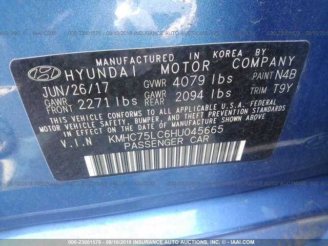 KMHC75LC6HU045665 - 2017 HYUNDAI IONIQ SEL BLUE photo 9