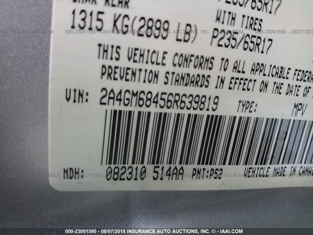2A4GM68456R639819 - 2006 CHRYSLER PACIFICA TOURING SILVER photo 9