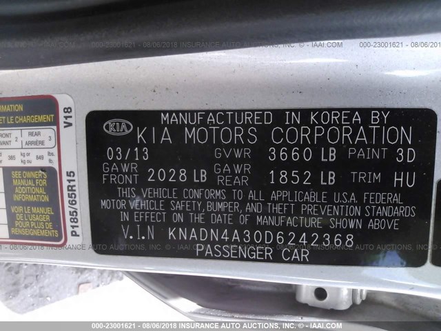 KNADN4A30D6242368 - 2013 KIA RIO EX/SX SILVER photo 9