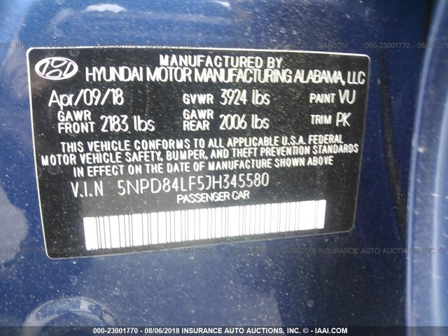 5NPD84LF5JH345580 - 2018 HYUNDAI ELANTRA SEL/VALUE/LIMITED BLUE photo 9