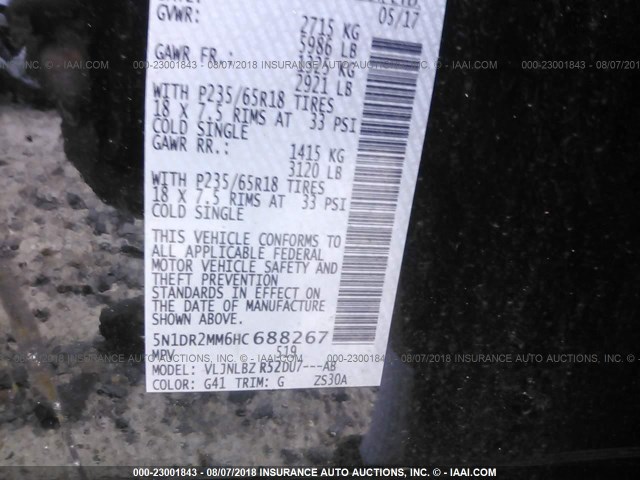 5N1DR2MM6HC688267 - 2017 NISSAN PATHFINDER S/SV/SL/PLATINUM BLACK photo 9