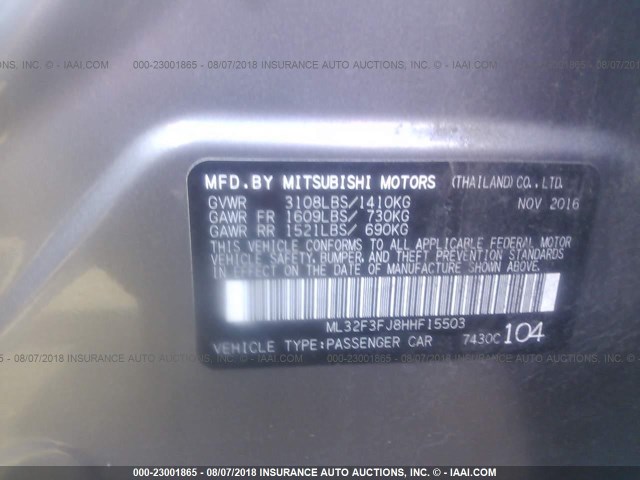 ML32F3FJ8HHF15503 - 2017 MITSUBISHI MIRAGE G4 ES ვერცხლისფერი ფოტო 9