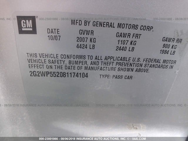 2G2WP552081174104 - 2008 PONTIAC GRAND PRIX SILVER photo 9