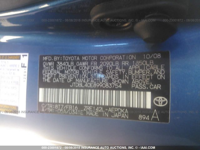 JTDBL40E899083754 - 2009 TOYOTA COROLLA LE/XLE BLUE photo 9