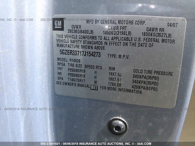 5GZER33717J154273 - 2007 SATURN OUTLOOK SPECIAL 蓝色 照片 9