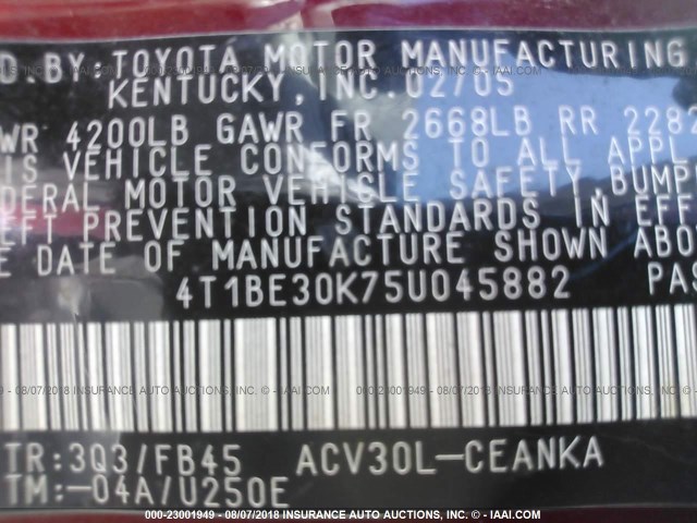 4T1BE30K75U045882 - 2005 TOYOTA CAMRY LE/XLE/SE Bordo foto 9