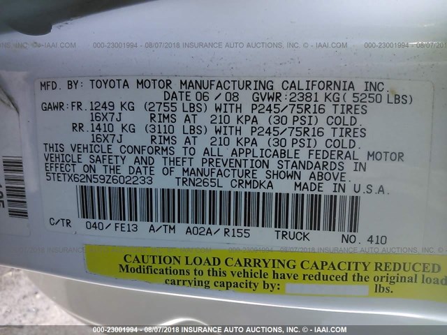 5TETX62N59Z602233 - 2009 TOYOTA TACOMA PRERUNNER ACCESS CAB WHITE photo 9