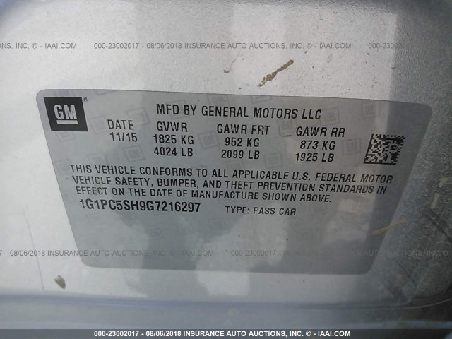 1G1PC5SH9G7216297 - 2016 CHEVROLET CRUZE LIMITED LS SILVER photo 9