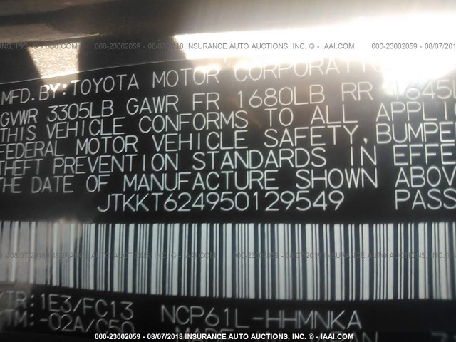 JTKKT624950129549 - 2005 TOYOTA SCION XA ნაცრისფერი ფოტო 9