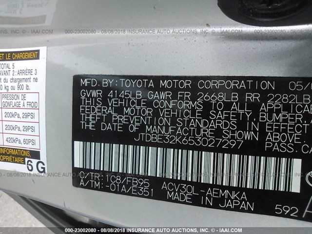 JTDBE32K653027297 - 2005 TOYOTA CAMRY LE/XLE/SE Gümüş foto 9