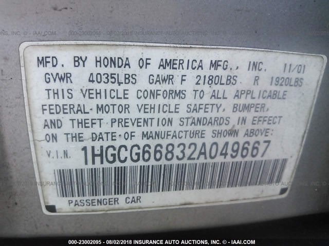 1HGCG66832A049667 - 2002 HONDA ACCORD EX/SE SILVER photo 9