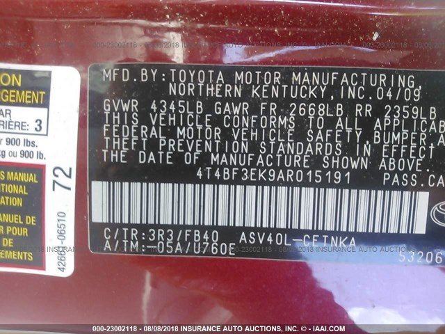 4T4BF3EK9AR015191 - 2010 TOYOTA CAMRY SE/LE/XLE 红色 照片 9