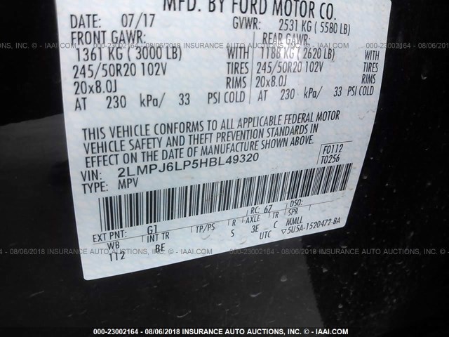 2LMPJ6LP5HBL49320 - 2017 LINCOLN MKX RESERVE Սև լուսանկար 9