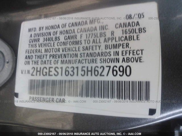 2HGES16315H627690 - 2005 HONDA CIVIC DX VP 灰色 照片 9