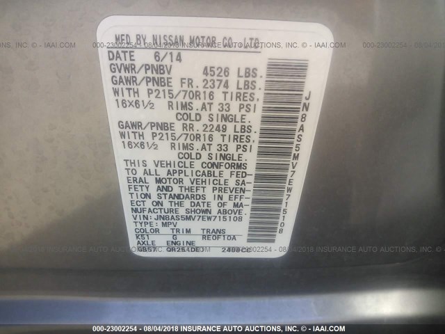 JN8AS5MV7EW715108 - 2014 NISSAN ROGUE SELECT S GRAY photo 9