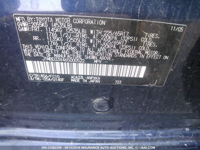 JTMBD33V465000522 - 2006 TOYOTA RAV4 ლურჯი ფოტო 9