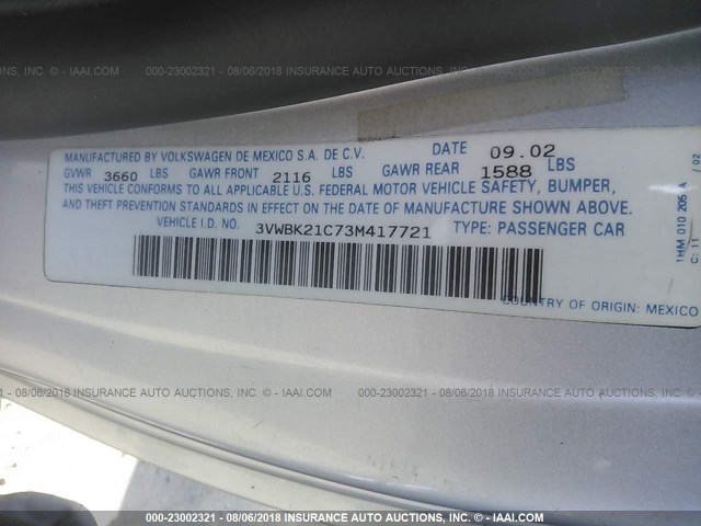 3VWBK21C73M417721 - 2003 VOLKSWAGEN NEW BEETLE GL 银色 照片 9