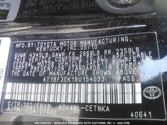 4T1BF3EK1BU154033 - 2011 TOYOTA CAMRY SE/LE/XLE შავი ფოტო 9